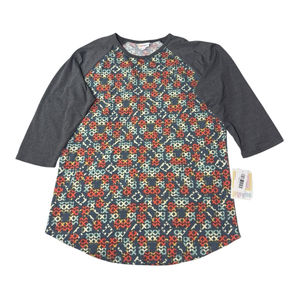 LulaRoe LLR Coral Cream Blue Gray X Print Raglan Randy Tee 3/4 Sleeve Size XL